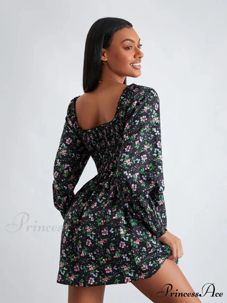 Vintage Flower Pattern Frilled Edge Square Neck Flared Short Flower Dress