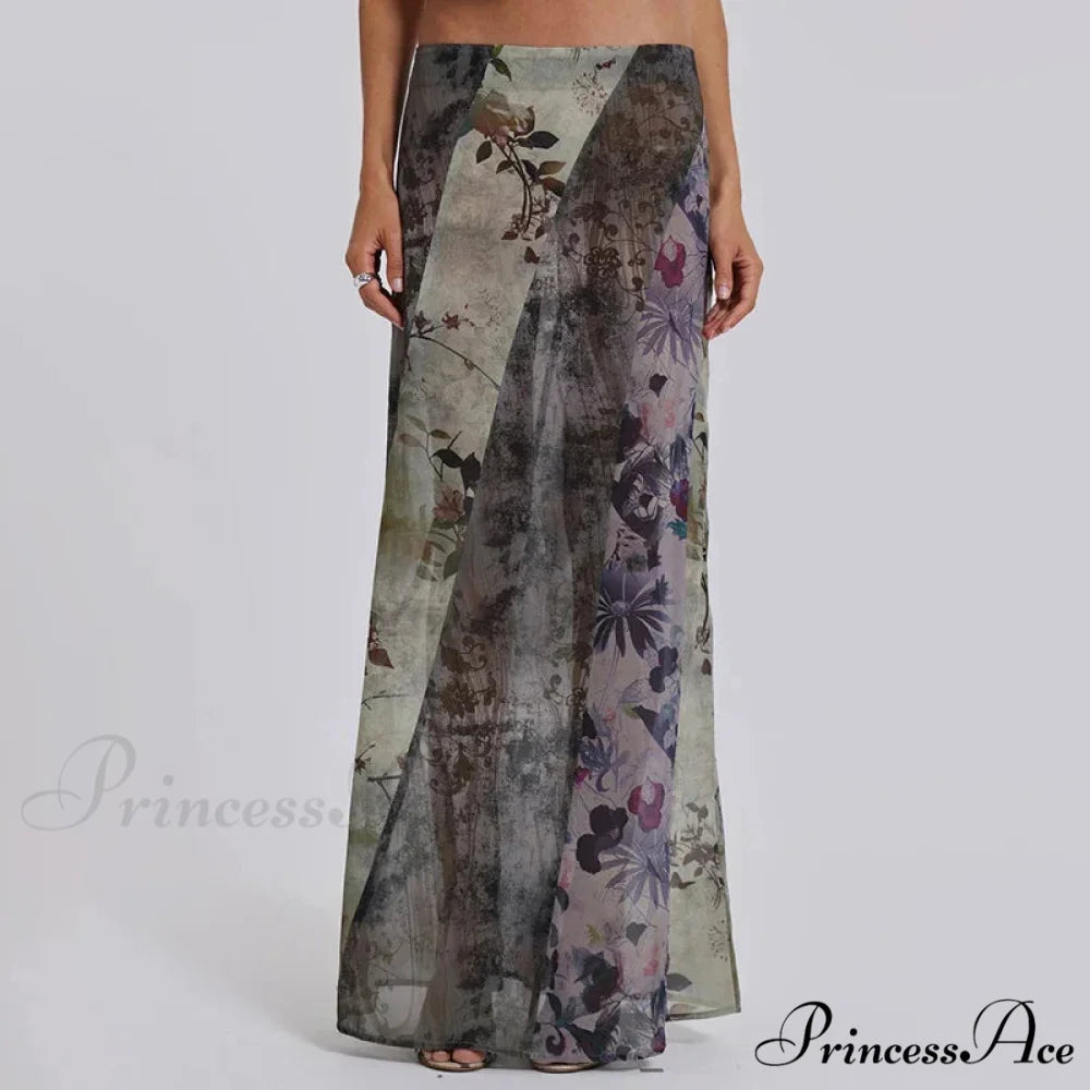 Vintage Flower Pattern Long Patchwork Mesh Low Cut Skirt