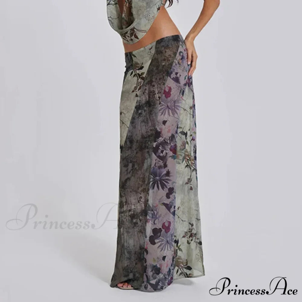 Vintage Flower Pattern Long Patchwork Mesh Low Cut Skirt
