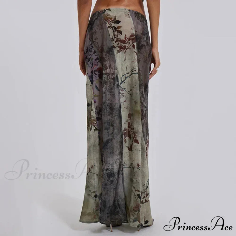 Vintage Flower Pattern Long Patchwork Mesh Low Cut Skirt