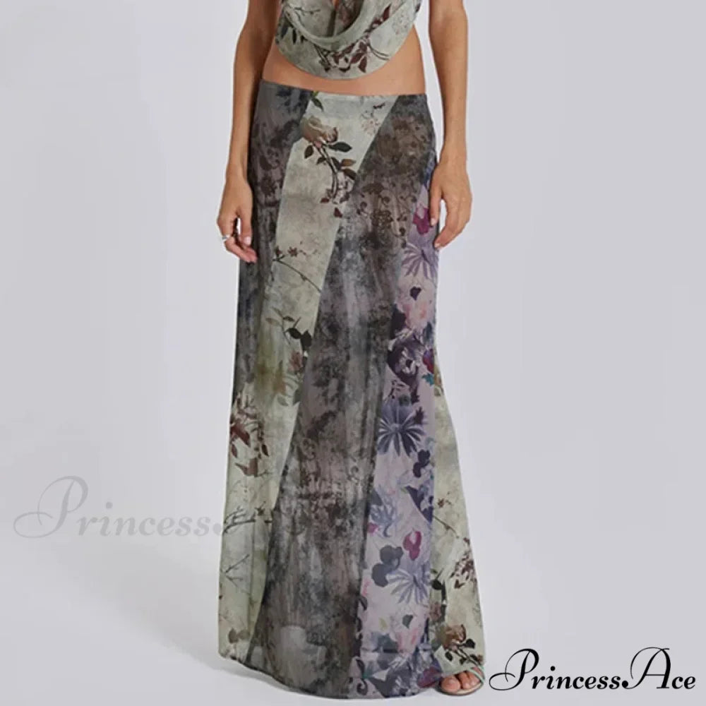 Vintage Flower Pattern Long Patchwork Mesh Low Cut Skirt