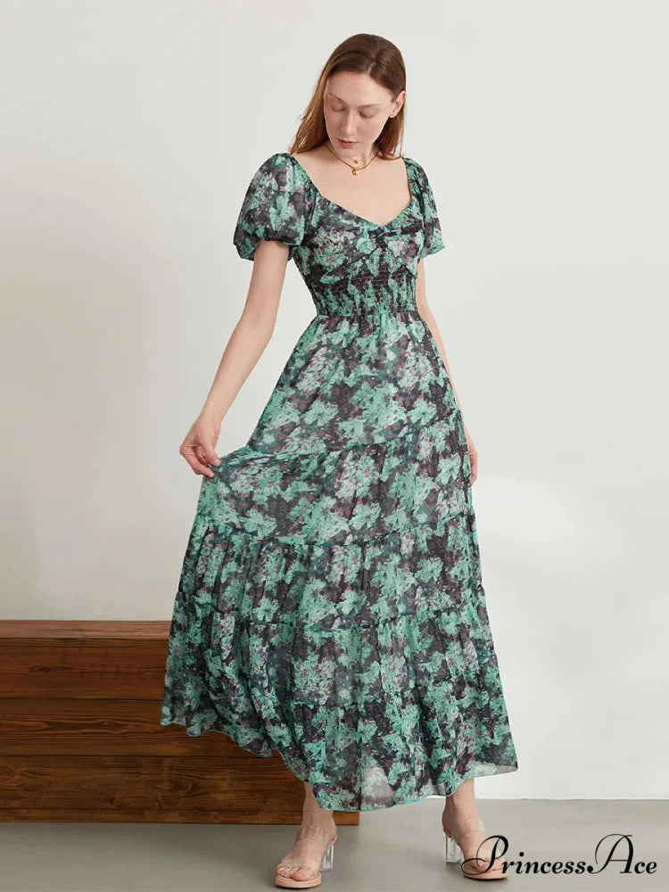 Vintage Flower Pattern Swing Puff Short Sleeve Sweetheart Neck A-Line Beach Dress