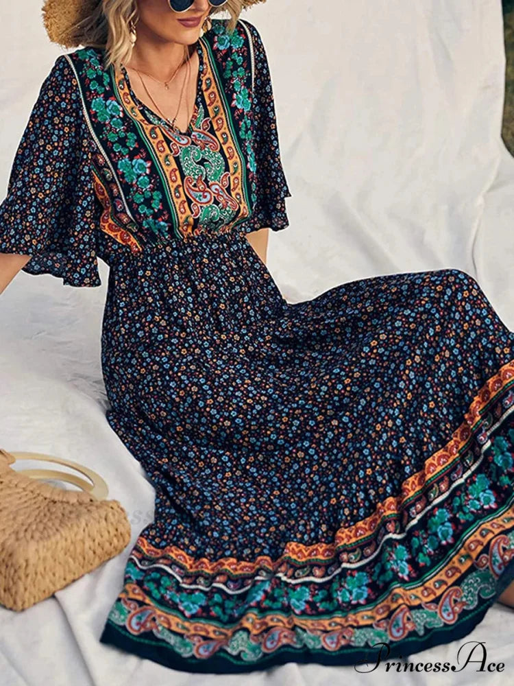 Vintage Flower Pattern V-neck Bohemian Sun Dress