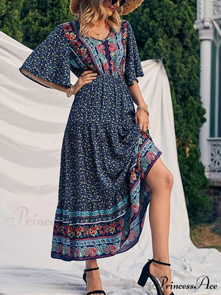 Vintage Flower Pattern V-neck Bohemian Sun Dress