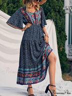 Vintage Flower Pattern V-neck Bohemian Sun Dress