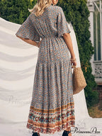 Vintage Flower Pattern V-neck Bohemian Sun Dress