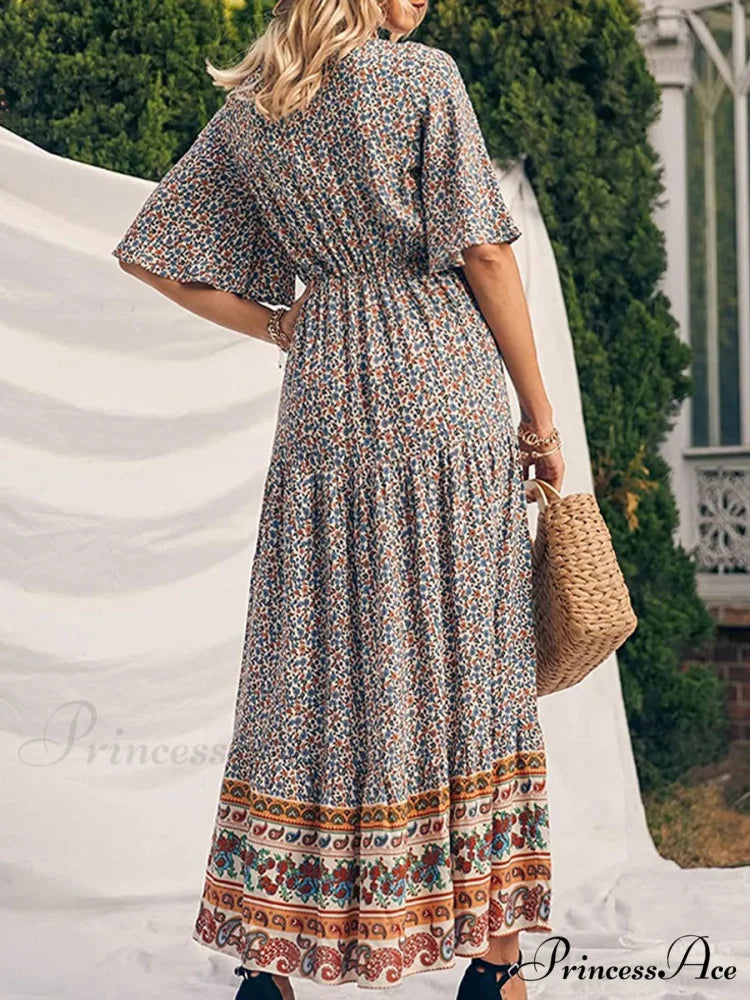 Vintage Flower Pattern V-neck Bohemian Sun Dress