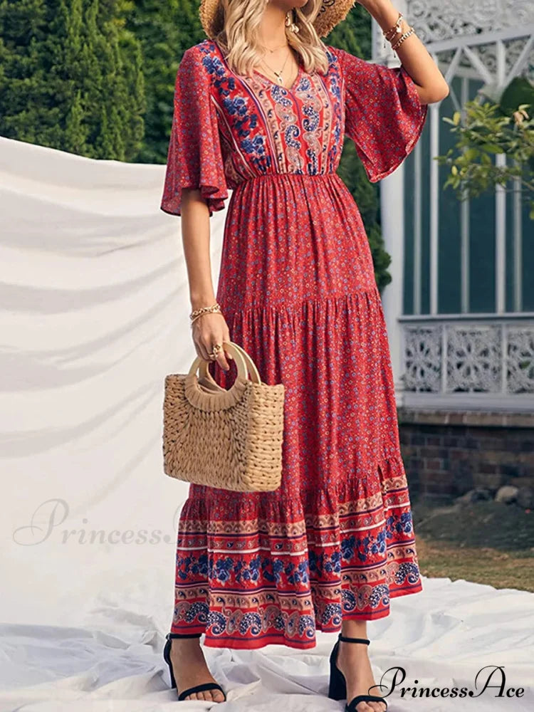 Vintage Flower Pattern V-neck Bohemian Sun Dress
