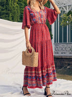 Vintage Flower Pattern V-neck Bohemian Sun Dress