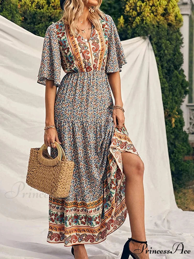 Vintage Flower Pattern V-neck Bohemian Sun Dress