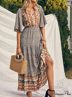 Vintage Flower Pattern V-neck Bohemian Sun Dress