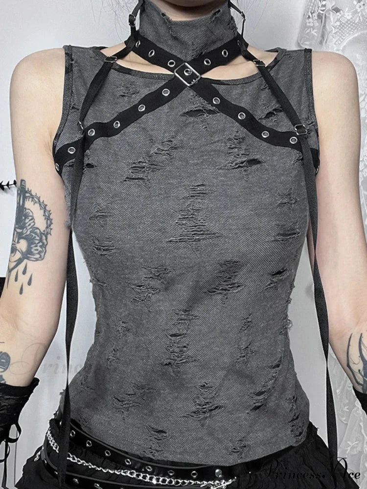 Vintage Gothic Print Retro Punk Sexy Sleeveless Five Pointed Star Crop Top