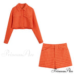 Vintage Houndstooth Print Leisure Short Orange Coat