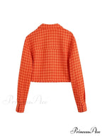 Vintage Houndstooth Print Leisure Short Orange Coat