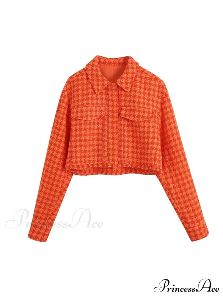 Vintage Houndstooth Print Leisure Short Orange Coat