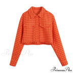 Vintage Houndstooth Print Leisure Short Orange Coat