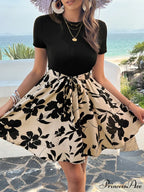 Vintage Joined High Waist Flower Pattern Dress