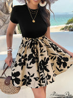 Vintage Joined High Waist Flower Pattern Dress