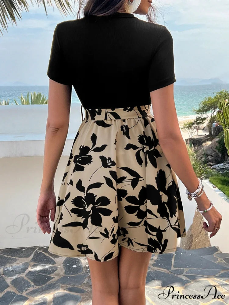 Vintage Joined High Waist Flower Pattern Dress