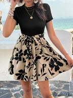 Vintage Joined High Waist Flower Pattern Dress