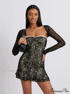 Vintage Lace Bandeau Frilled Mini Dress Extended Sleeve Shrug