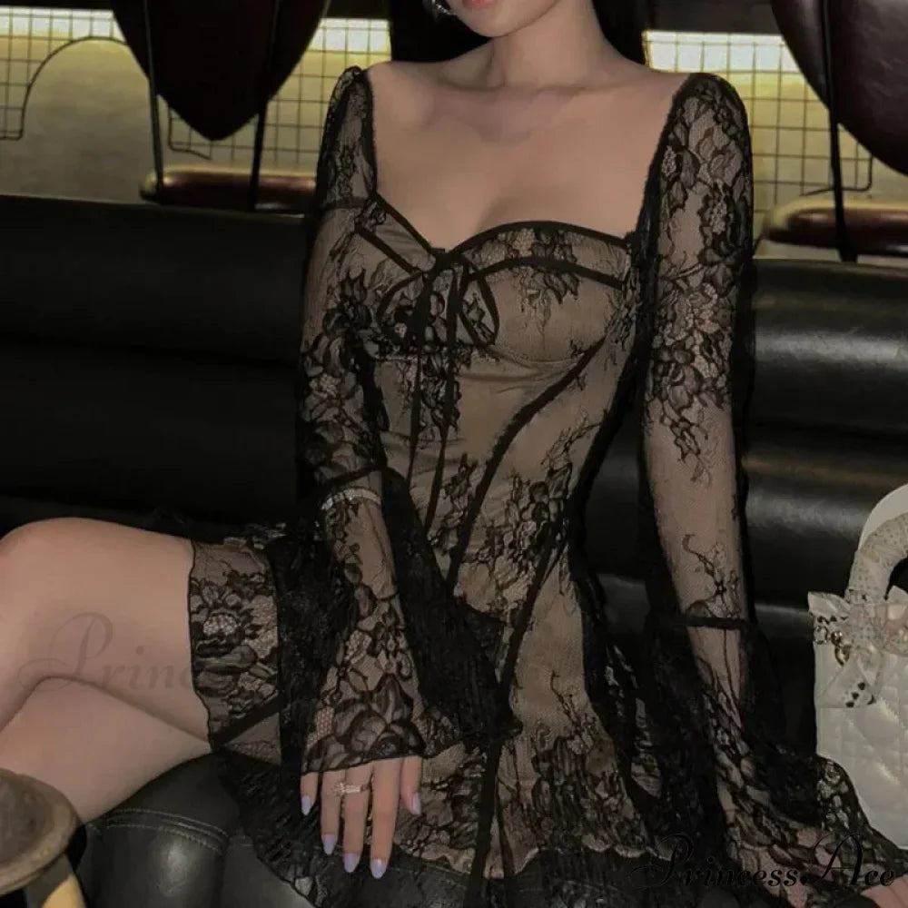 Vintage Lace Corset Long Sleeve Mini Dress