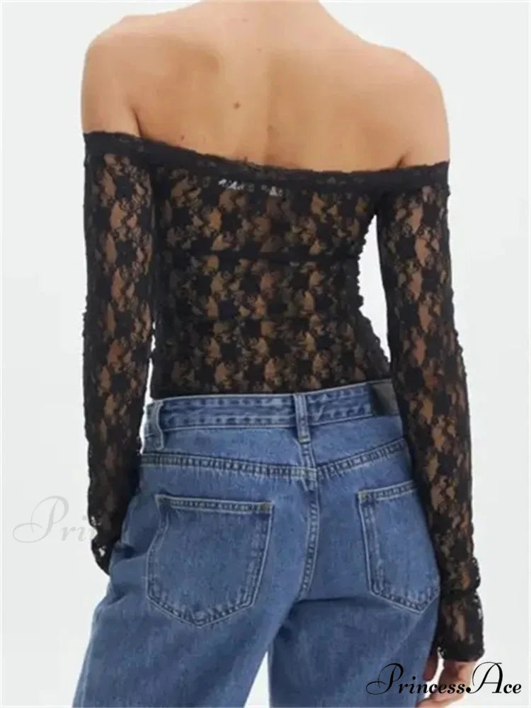 Vintage Lace Crop Tops Long Sleeve Off-Shoulder Casual Pullovers T-shirts