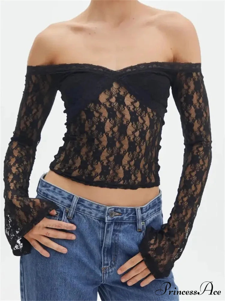 Vintage Lace Crop Tops Long Sleeve Off-Shoulder Casual Pullovers T-shirts