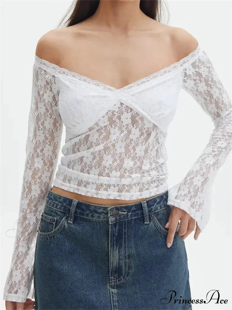 Vintage Lace Crop Tops Long Sleeve Off-Shoulder Casual Pullovers T-shirts
