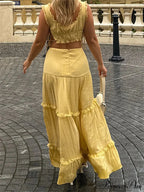 Vintage Lace Trim Sleeveless Square Neck Tank Crop Top with Long Skirt Set