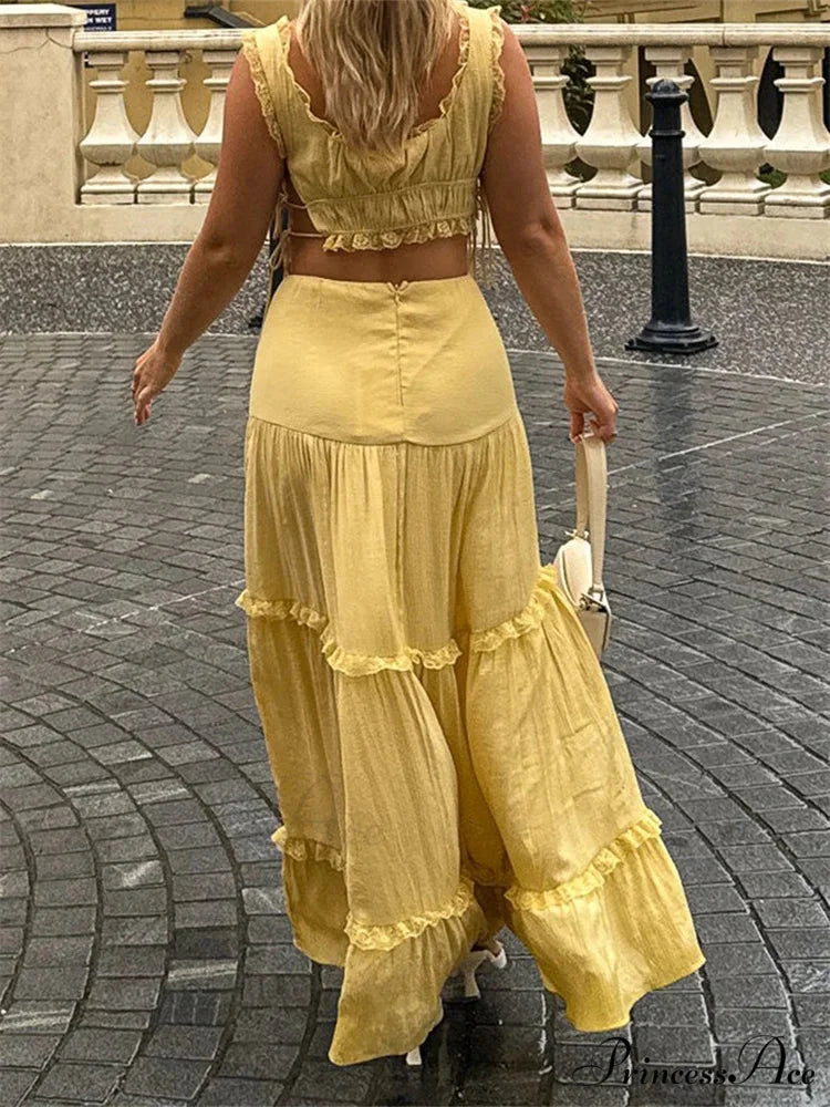 Vintage Lace Trim Sleeveless Square Neck Tank Crop Top with Long Skirt Set