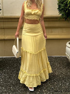 Vintage Lace Trim Sleeveless Square Neck Tank Crop Top with Long Skirt Set