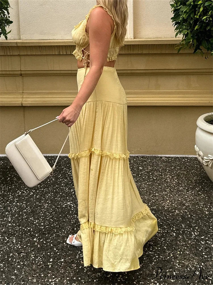 Vintage Lace Trim Sleeveless Square Neck Tank Crop Top with Long Skirt Set