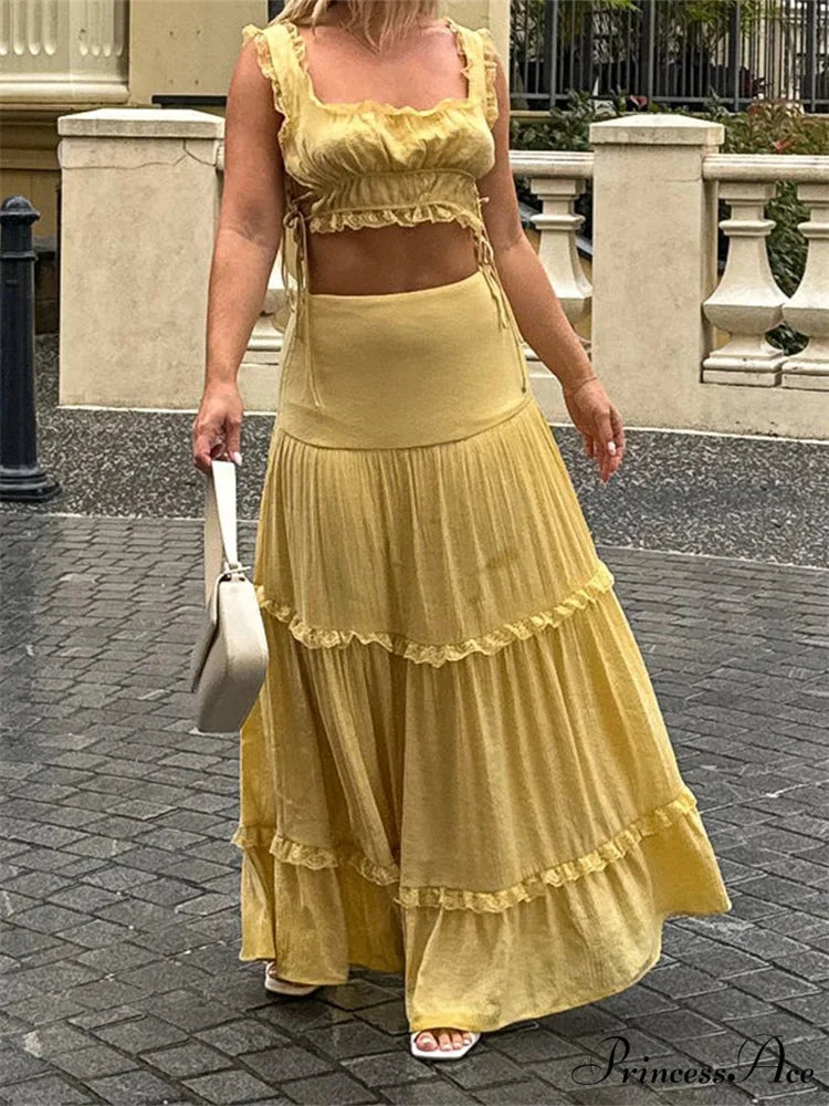 Vintage Lace Trim Sleeveless Square Neck Tank Crop Top with Long Skirt Set