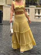 Vintage Lace Trim Sleeveless Square Neck Tank Crop Top with Long Skirt Set