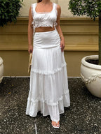 Vintage Lace Trim Sleeveless Square Neck Tank Crop Top with Long Skirt Set