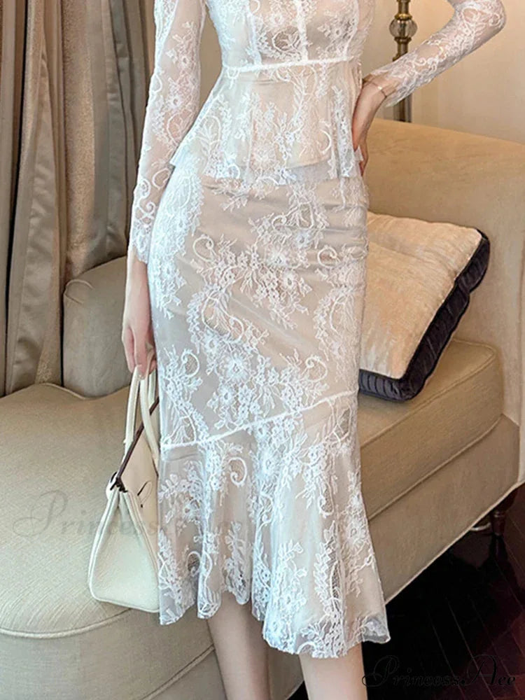 Vintage Lace Wrap Frill High Waist Fishtail Skirt