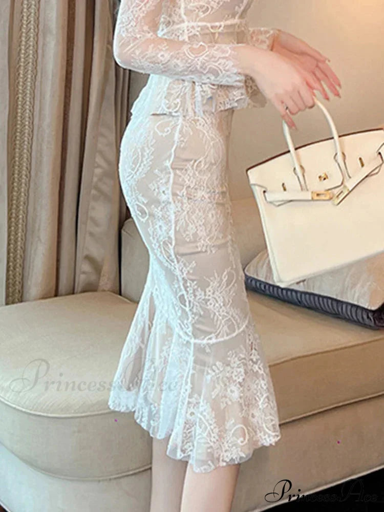 Vintage Lace Wrap Frill High Waist Fishtail Skirt