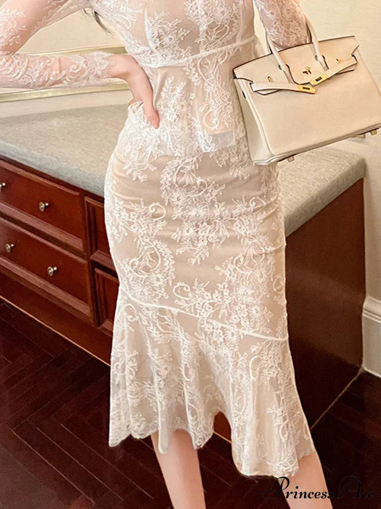 Vintage Lace Wrap Frill High Waist Fishtail Skirt