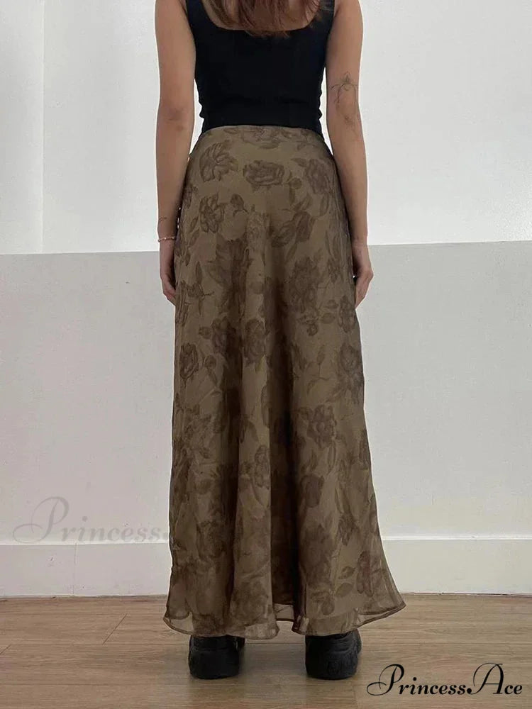 Vintage Long Skirt Retro Floral Print Low Rise Skirt