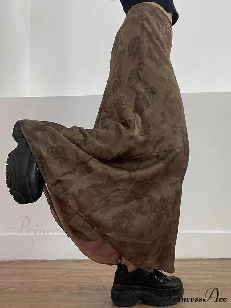 Vintage Long Skirt Retro Floral Print Low Rise Skirt