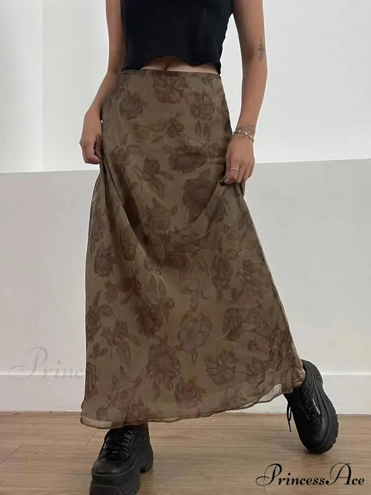 Vintage Long Skirt Retro Floral Print Low Rise Skirt