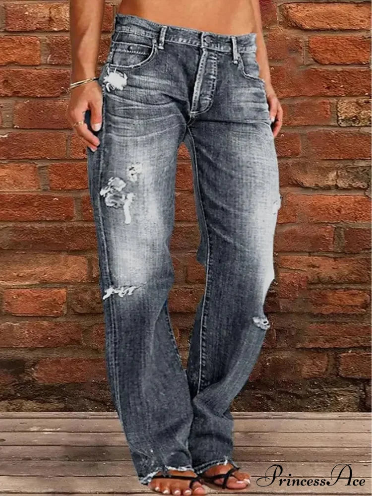 Vintage Middle-Waist Ripped Straight Blue Wide-Leg Denim Jean