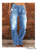 Vintage Middle-Waist Ripped Straight Blue Wide-Leg Denim Jean