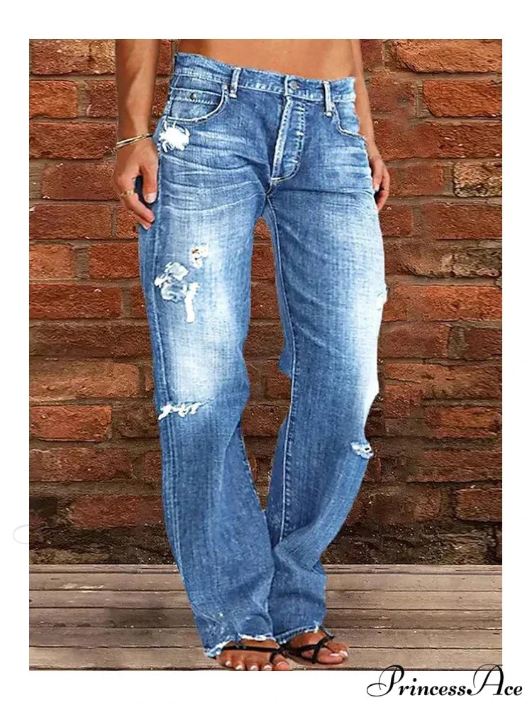 Vintage Middle-Waist Ripped Straight Blue Wide-Leg Denim Jean