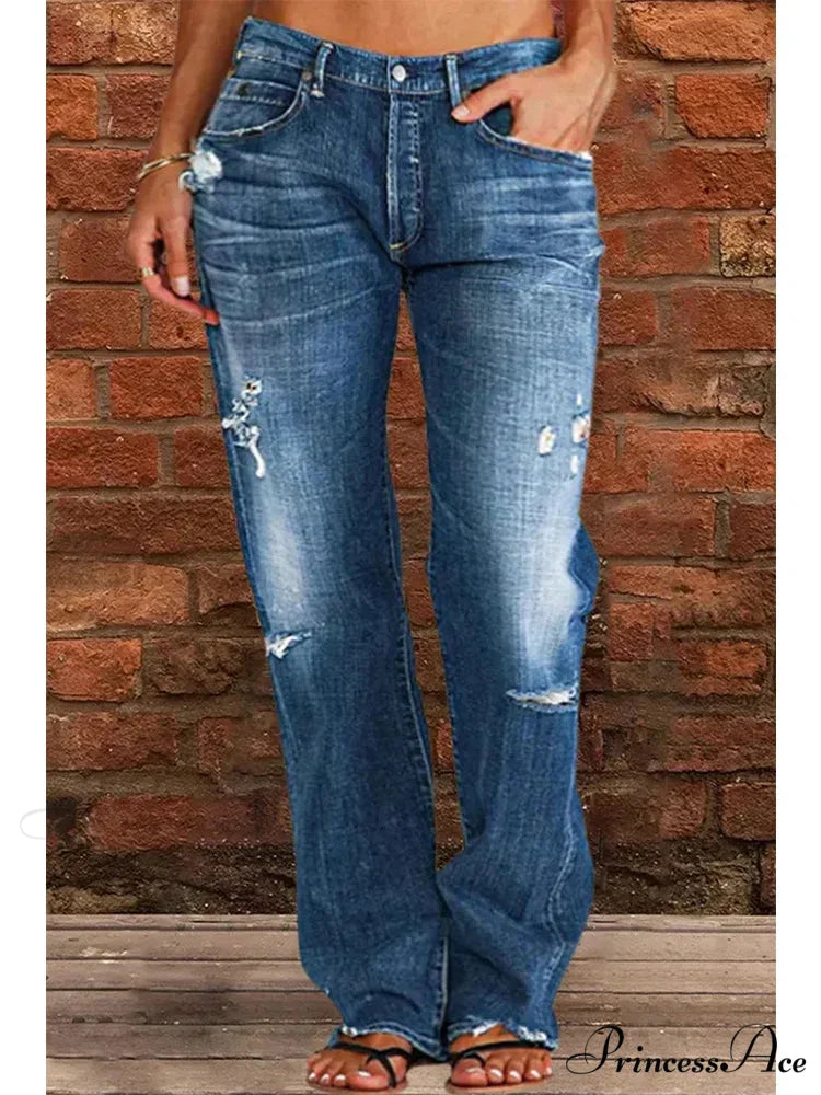 Vintage Middle-Waist Ripped Straight Blue Wide-Leg Denim Jean