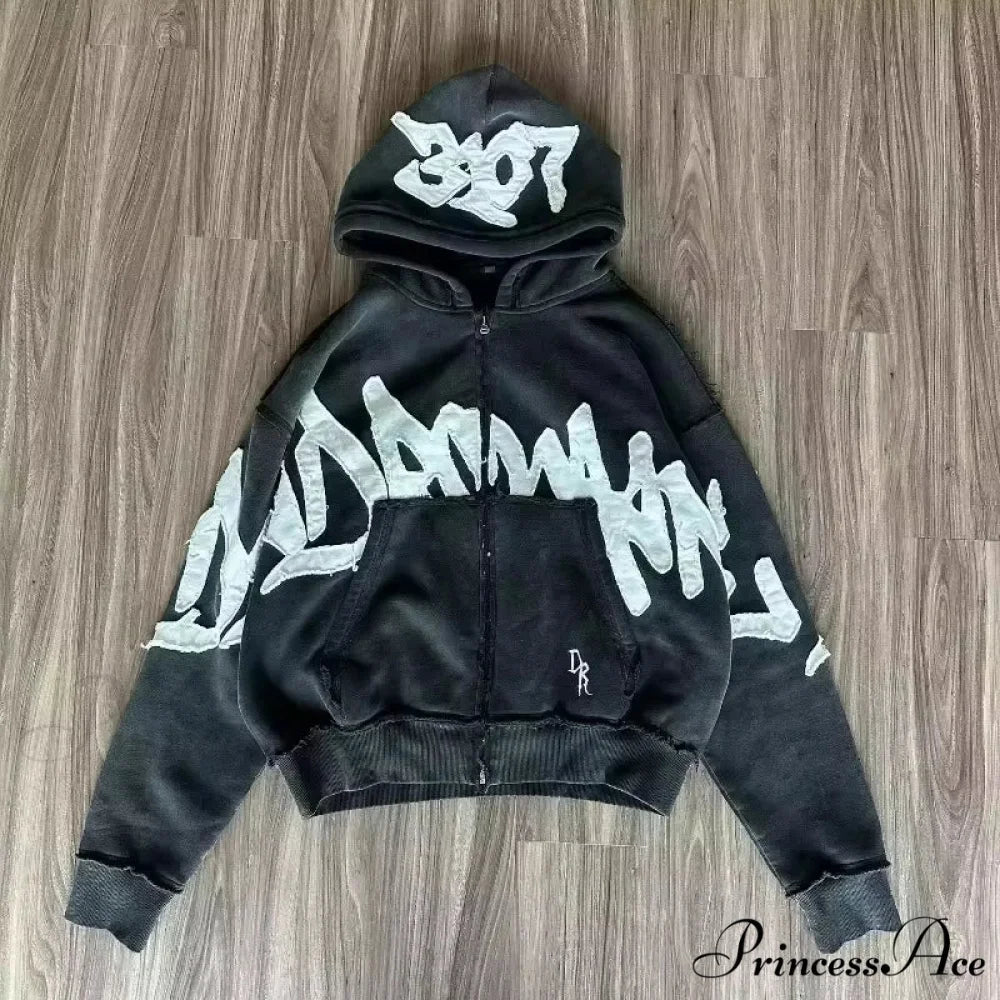 Vintage Patched Letter Zip Hoodie