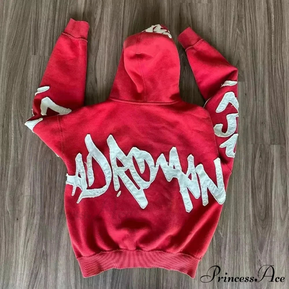 Vintage Patched Letter Zip Hoodie