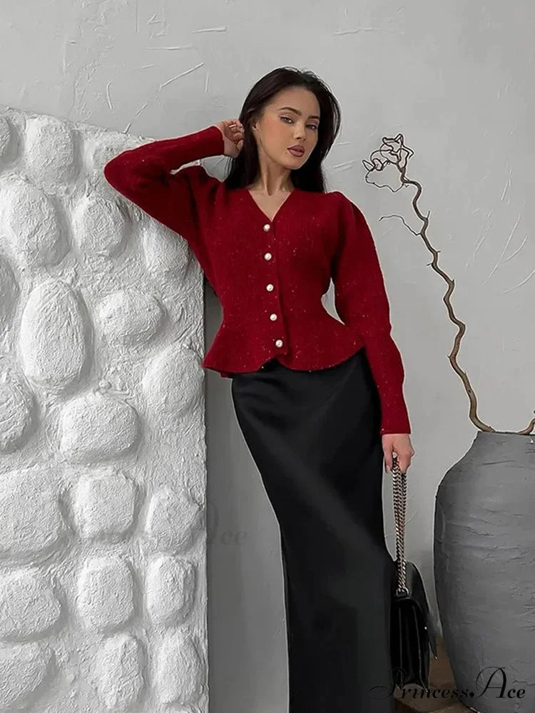 Vintage Pearl Button Slim Fit V-Neck Long Sleeve Christmas Sweater