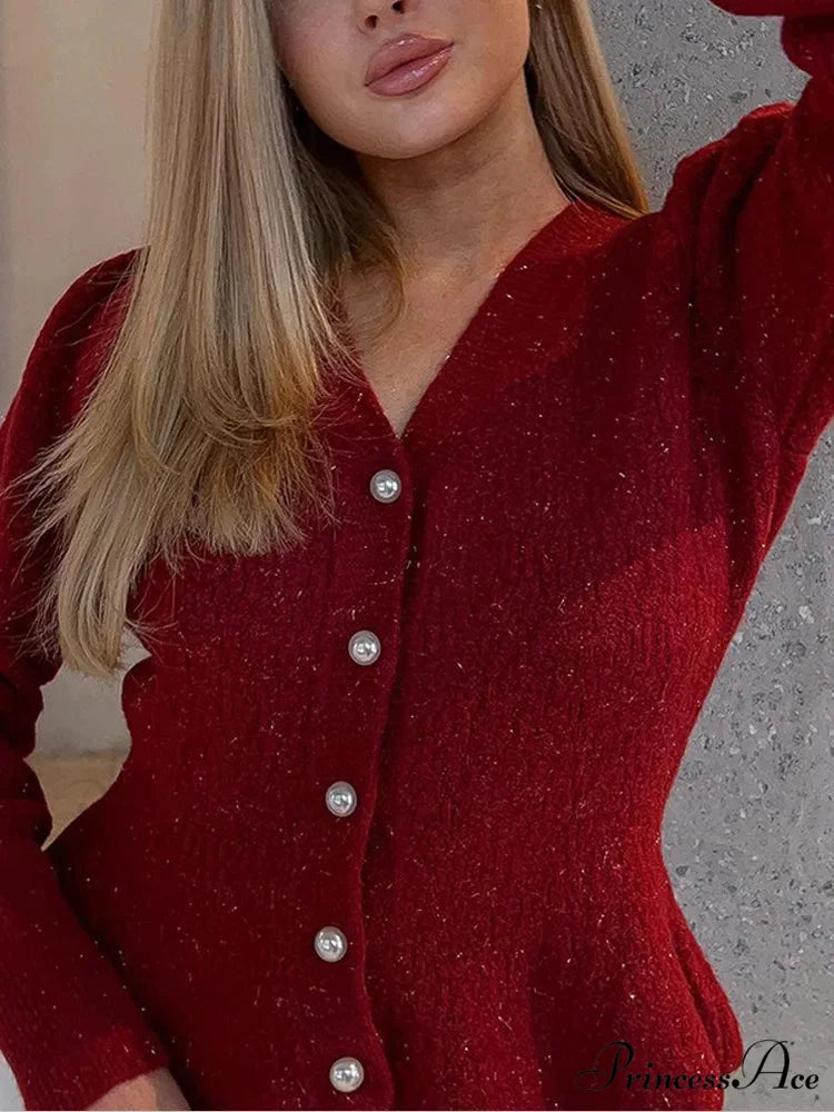 Vintage Pearl Button Slim Fit V-Neck Long Sleeve Christmas Sweater